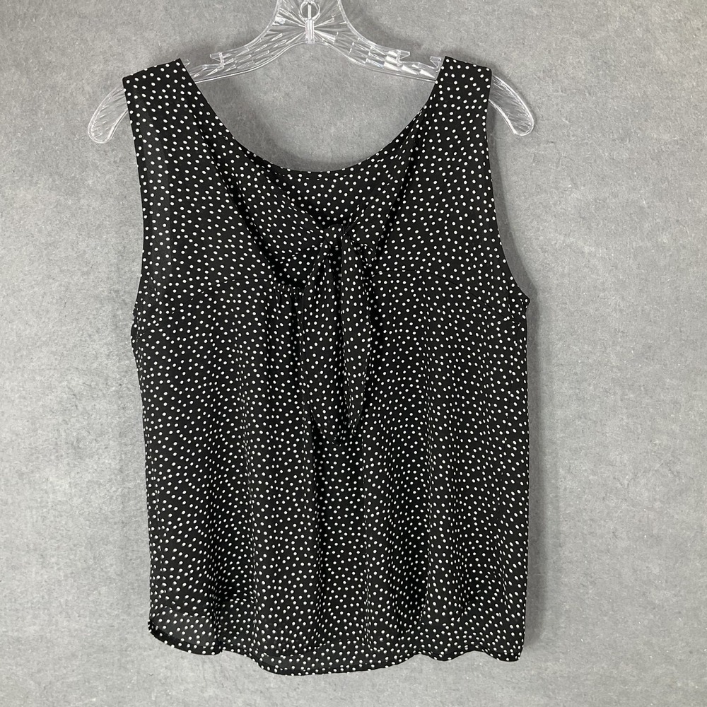Loft Top‎ Women Petite M Black Polk Dot Sleeveless Flowy Tie Neck Capsule Office